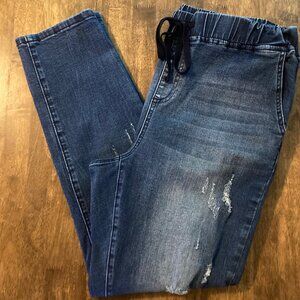 Ladies Almost Famous Distressed Blue Denim Joggers High Waist Size XL Like New!